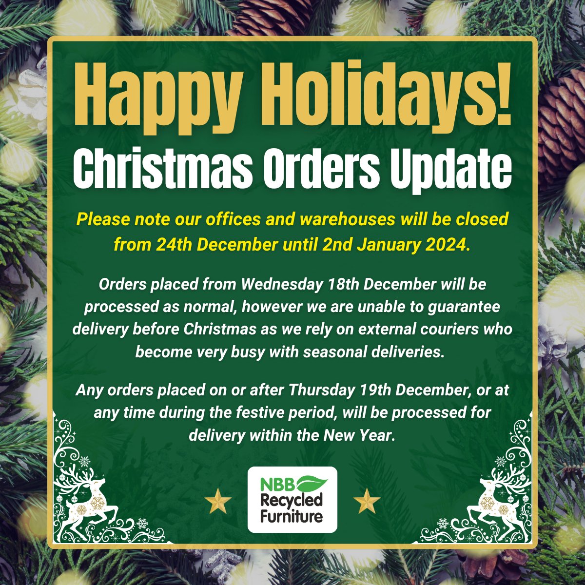🎄✨ Christmas Update from NBB Recycled Furniture ✨🎄

As the festive season approaches, please take note of our holiday schedule!

Thank you for choosing NBB RF - we wish you a sustainable and joyful holiday season! 🌟💚

#NBBRecycledFurniture #ChristmasUpdate #Christmas2024