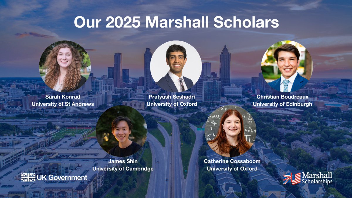British Consulate-General Atlanta (@ukinatlanta) on Twitter photo We are proud to announce our 2025 Marshall Scholars! These five exceptional students from the Southeast region will attend prestigious universities in the U.K studying Law, Economics, Marine Policy, Physics, & Law!📚
Congratulations on joining the <a href="/MarshallScholar/">Marshall Scholars</a> legacy! We are proud to announce our 2025 Marshall Scholars! These five exceptional students from the Southeast region will attend prestigious universities in the U.K studying Law, Economics, Marine Policy, Physics, & Law!📚
Congratulations on joining the <a href="/MarshallScholar/">Marshall Scholars</a> legacy!