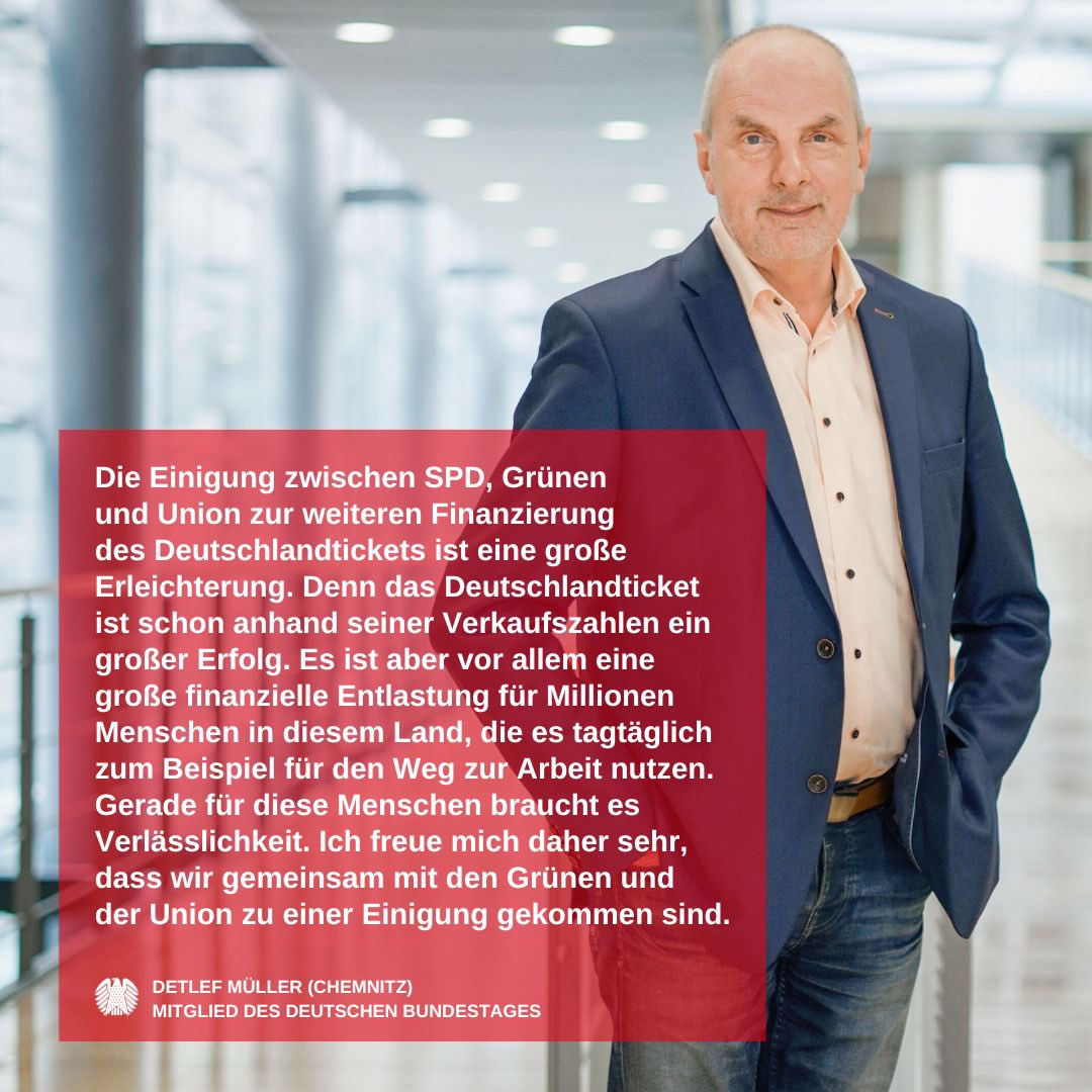 Geschafft! Nach  Vertrauensfrage habe ich sofort mit CDU/CSU und Bündnis 90/Grüne bis eben zur Fortführung des Deutschlandtickets verhandelt. Wir haben uns geeinigt: Das Ticket wird 2025 fortgeführt. Großer Erfolg, große Erleichterung. Danke <a href="/cducsubt/">CDU·CSU</a> <a href="/GrueneBundestag/">Grüne im Bundestag 🇪🇺🏳️‍🌈</a>  <a href="/spdbt/">SPD-Fraktion im Bundestag</a>