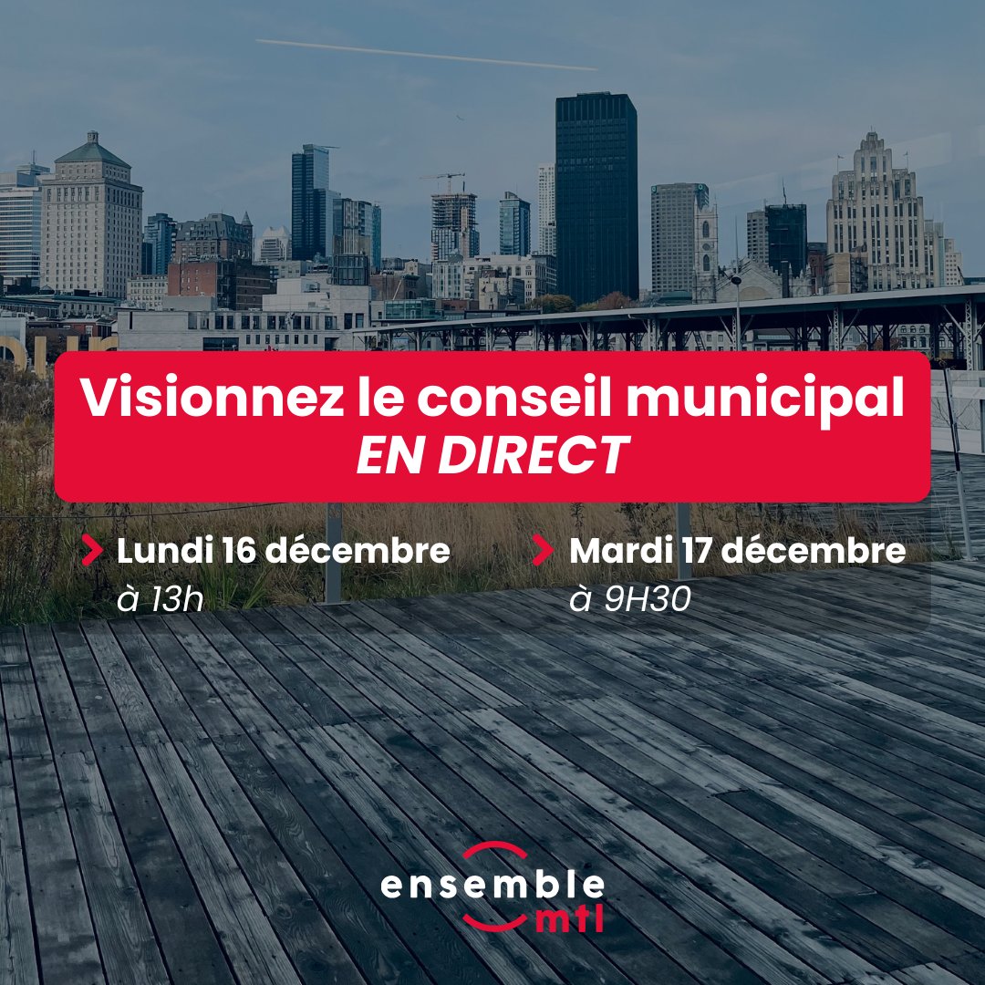 🏛 Dernier conseil municipal de #Montréal de l'année 2024. Rendez-vous à 13h ! Notre parti portera vos préoccupations et s'assurera que votre voix compte.

Suivez-le avec nous ⬇️ ensemblemtl.org/conseils-munic…

#polmtl #polmun #cmmtl