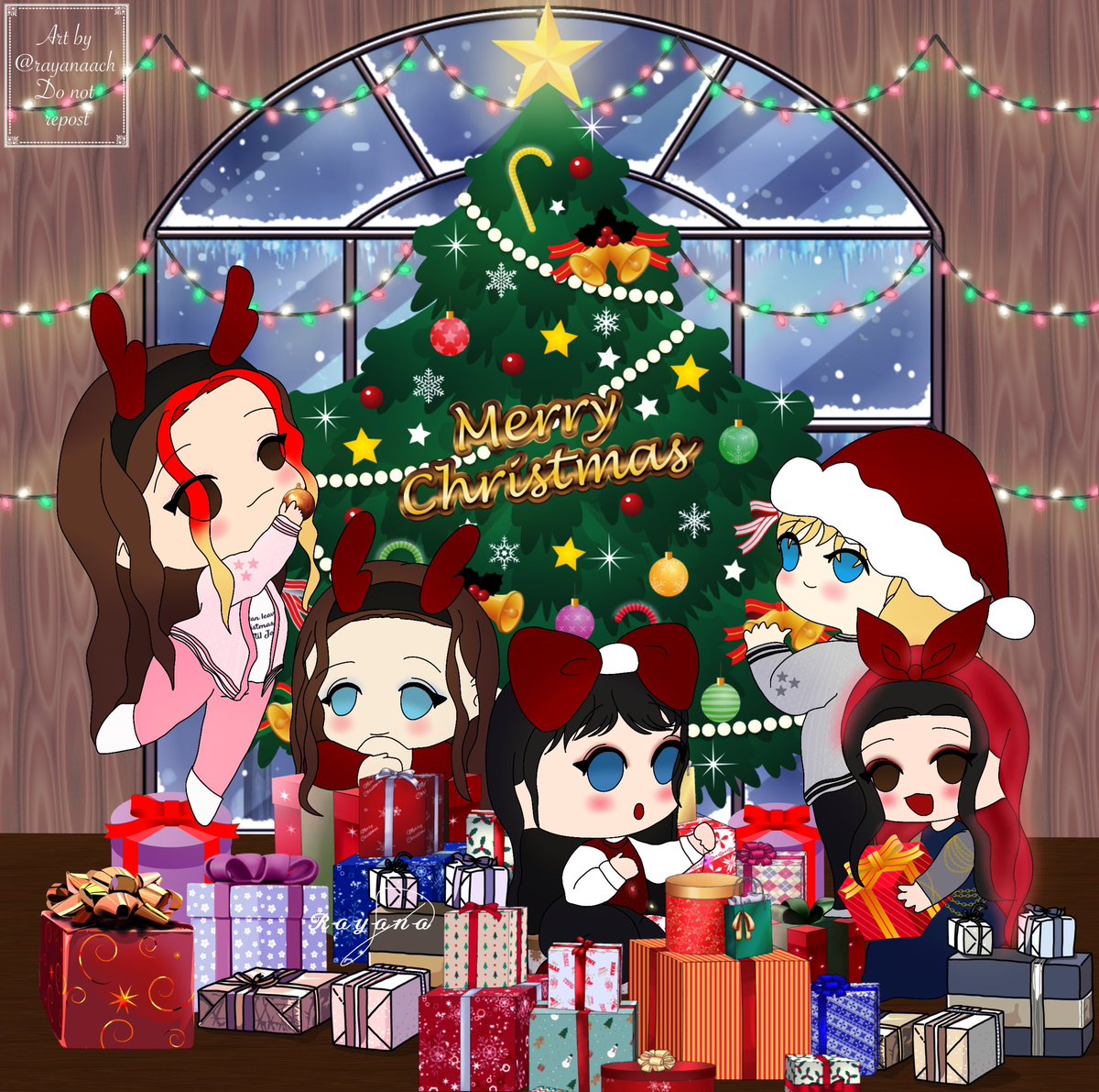 rayanaach's tweet photo. "Merry Christmas from your favorite ladies!"🎄❄️

Just Rayana and her favorite girls decorating the tree and wrapping up gifts🎁🩷

#digitalart #oc #ArtistOnTwitter #obeymeoc #ChristmasArt #artwork https://t.co/5A6skBeOKq