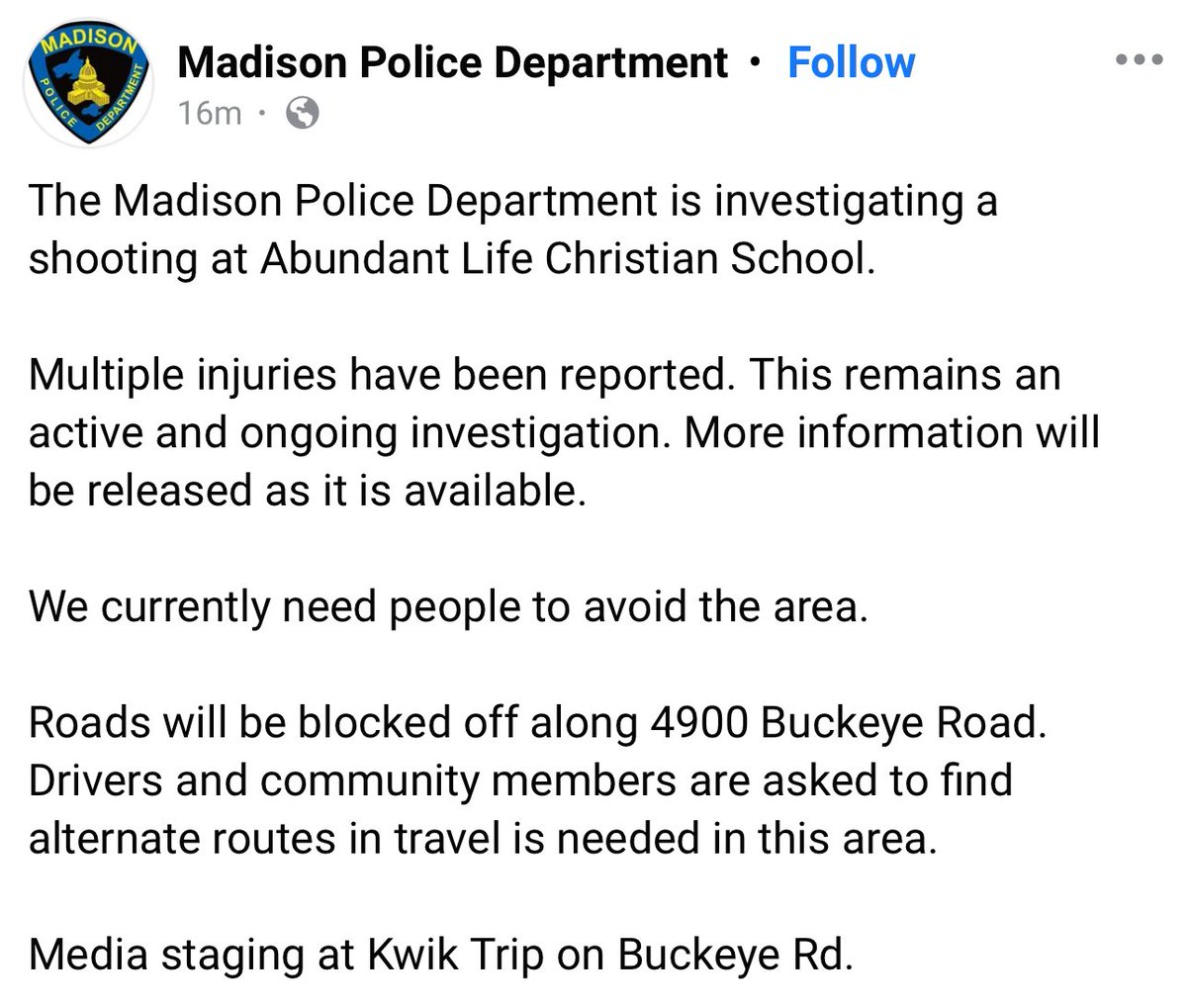 libsoftiktok's tweet photo. BREAKING: Active shooting in Abundant Life Christian School in Madison, Wisconsin.

Multiple injuries reported.

Please say a prayer for the staff, students, and their families 🙏🏻 https://t.co/pCi7HcxHVt