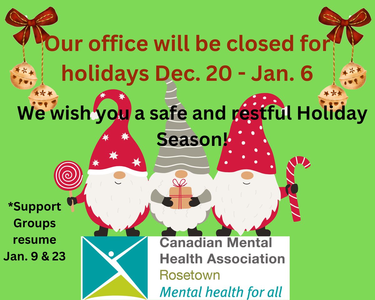 Our office will be closed for holidays Dec. 20 - Jan. 6.  No support groups this week as our gnomes will be attending the WAS Christmas concert.  We wish you a season of self-care, joy and rejuvenation!  #selfcare #cmharosetown