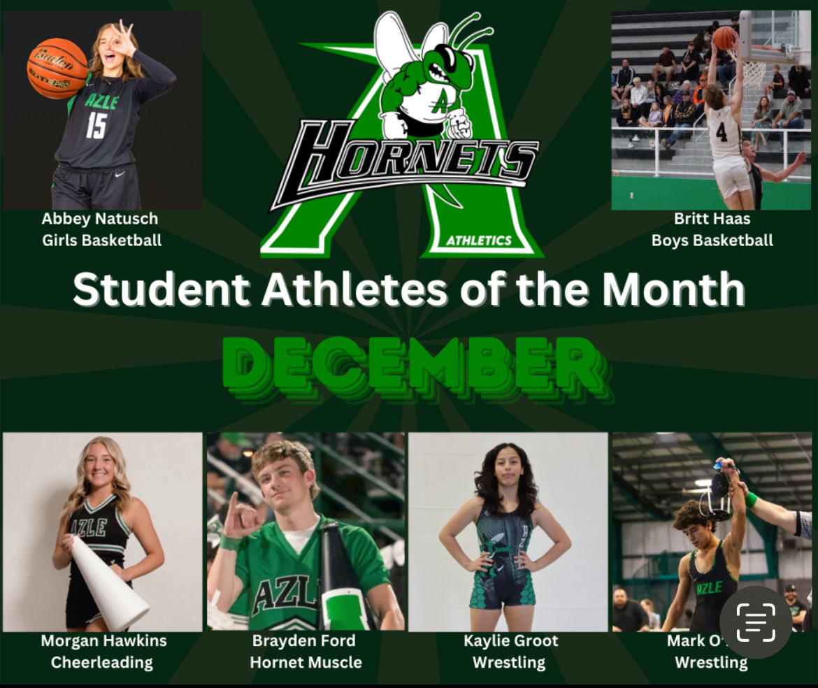 Congratulations to our ⁦<a href="/azleisd/">Azle ISD</a>⁩ December Student Athletes of the Month! Thank you for the way you represent our town, school district, and your programs! ⁦<a href="/AzleCheer/">Azle Cheer</a>⁩ ⁦<a href="/Azle_hoops/">Hornet Hoops</a>⁩ ⁦<a href="/AzleGirlsBB/">Azle Lady Hornet Basketball</a>⁩ ⁦<a href="/WrestlingAzle/">Azle HS Wrestling</a>⁩