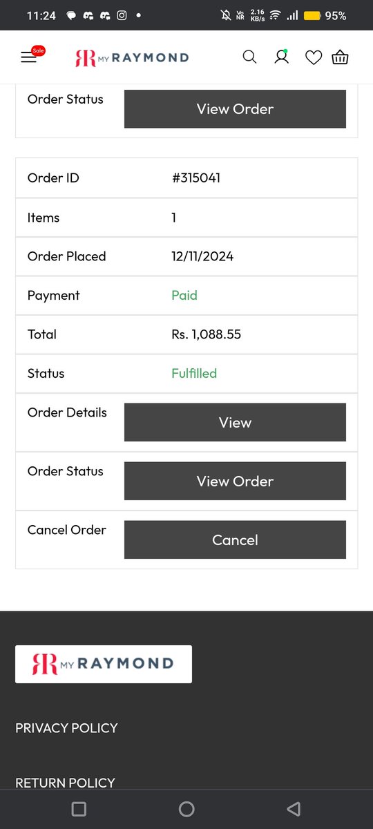 opamrit_'s tweet photo. @TheRaymond_RLL'Im disappointed! Ordered black formal pant on 12/12/2024, but no return option despite return policy in T&C. App says I haven't placed an order! Order #315041. Please assist with return and resolve order discrepancy. #Raymond #ReturnPolicy #CustomerService https://t.co/fBfeAxnJdp
