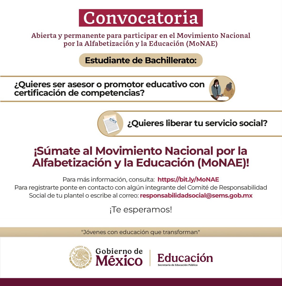 SEPHidalgo's tweet photo. ¿Estás en #bachillerato y quieres liberar tu servicio social mientras haces la diferencia? 🌟
Únete a #MoNAE como asesor educativo y obtén un certificado de competencias. 📚✨
🎯 Infórmate aquí https://t.co/a93WRRPzlf
¡Contribuye al aprendizaje y transforma vidas! 💡🎓 https://t.co/jWhPdPjFFx