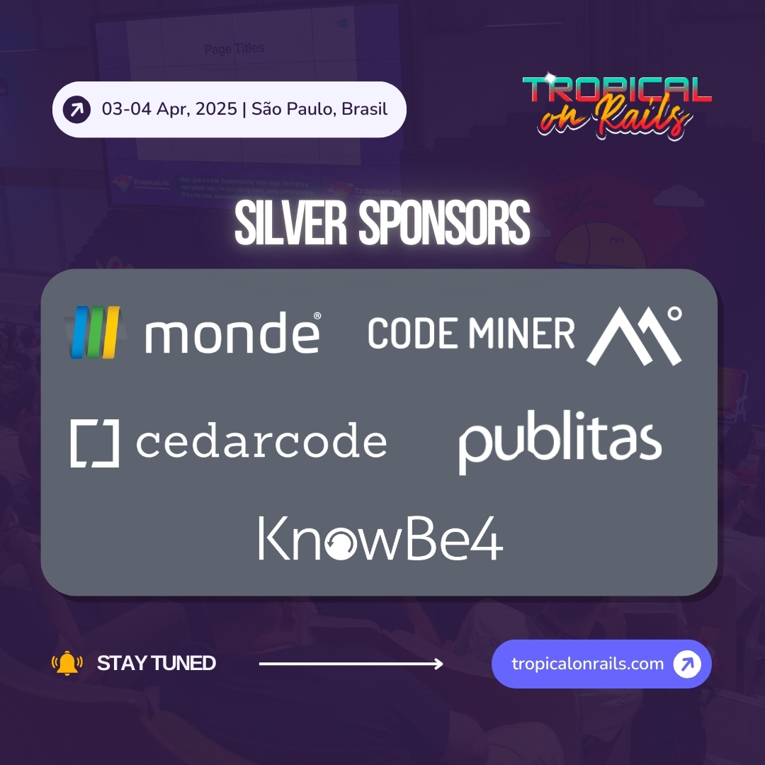 EN:
For those eager to meet some of our event sponsors...

Meet our first SILVER sponsors: <a href="/monde/">Mike Mondragon</a>, @publitas, @codeminer42, <a href="/cedarcode/">Cedarcode</a>, and <a href="/KnowBe4/">KnowBe4</a>.

Thank you for believing in and supporting projects like ours. We're excited to have you with us, bringing more culture,