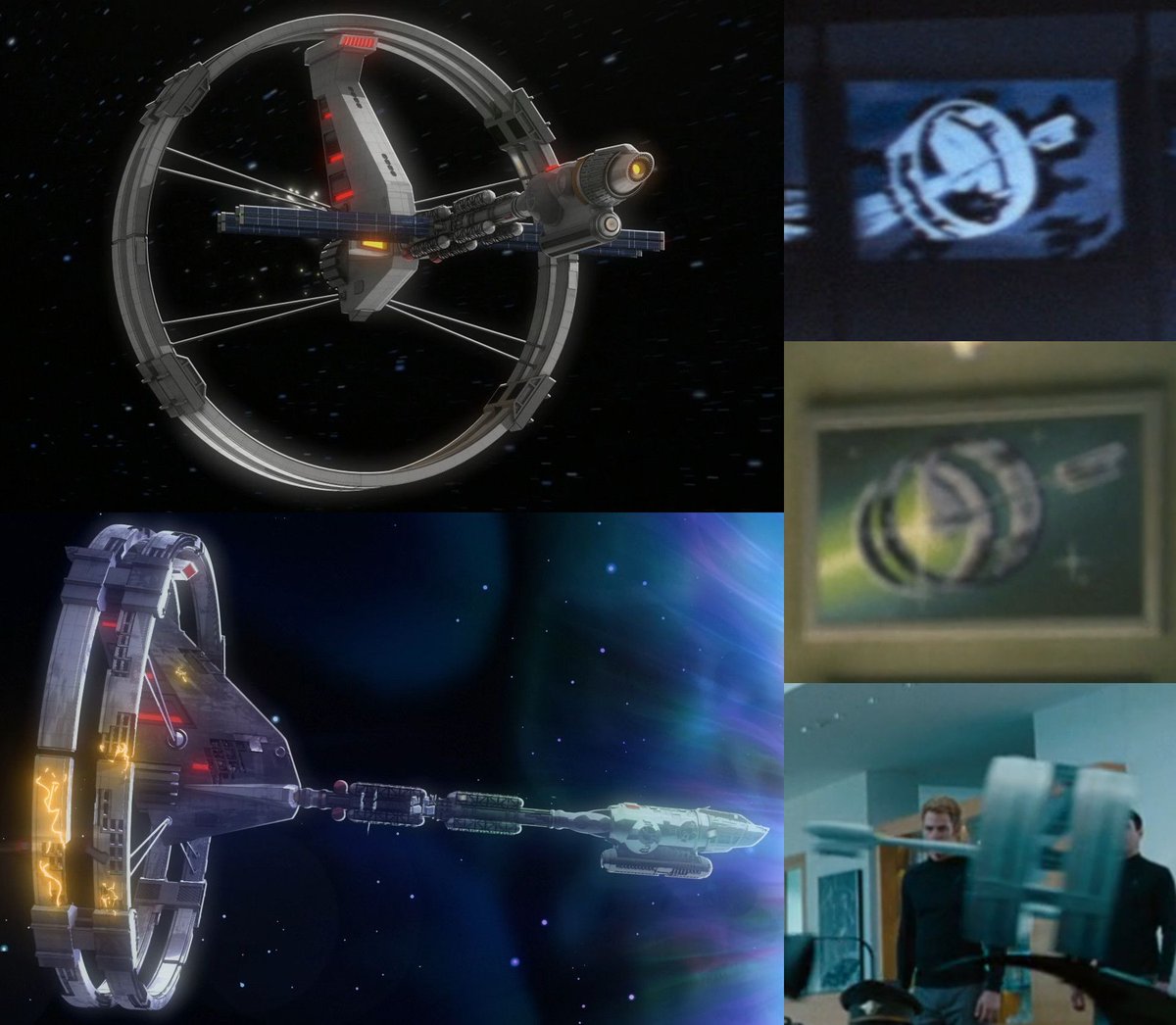 gaghyogi49's tweet photo. The USS Beagle in #StarTrekLowerDecks' "Fissure Quest"⬅️  is of course inspired by the USS Enterprise (XCV 330), so far only see as painting on rec deck in "Star Trek: The Motion Picture"↗️, and the 602 bar in #StarTrekENT's "First Flight"➡️ plus as a model in Admiral Marcus' office in "Star Trek Into Darkness"↘️.