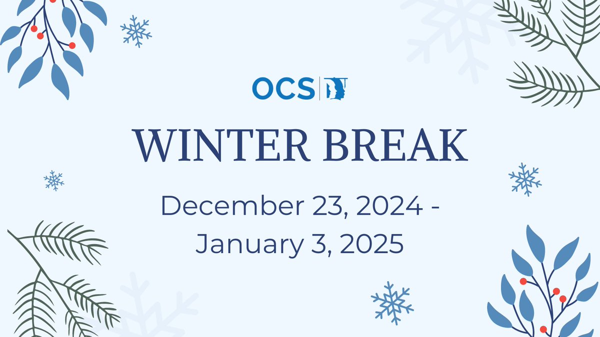 Winter Break is coming up! There will be no school for students December 23-January 3. 
We will welcome everyone back on Monday, January 6!