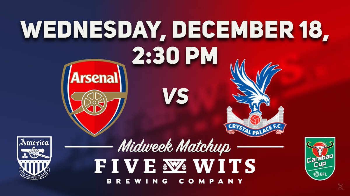 We have another Midweek Matchup as the Gunners take on Crystal Palace for the Carabao Cup. Join us in <a href="/five_wits/">Five Wits Brewing Company</a> taproom Wednesday, December 18 at 2:30 PM.

#coyg
#chattanooga
#chattanoogatn
#chattanooga_fun
#chattanoogatennessee
#chattanoogagooners