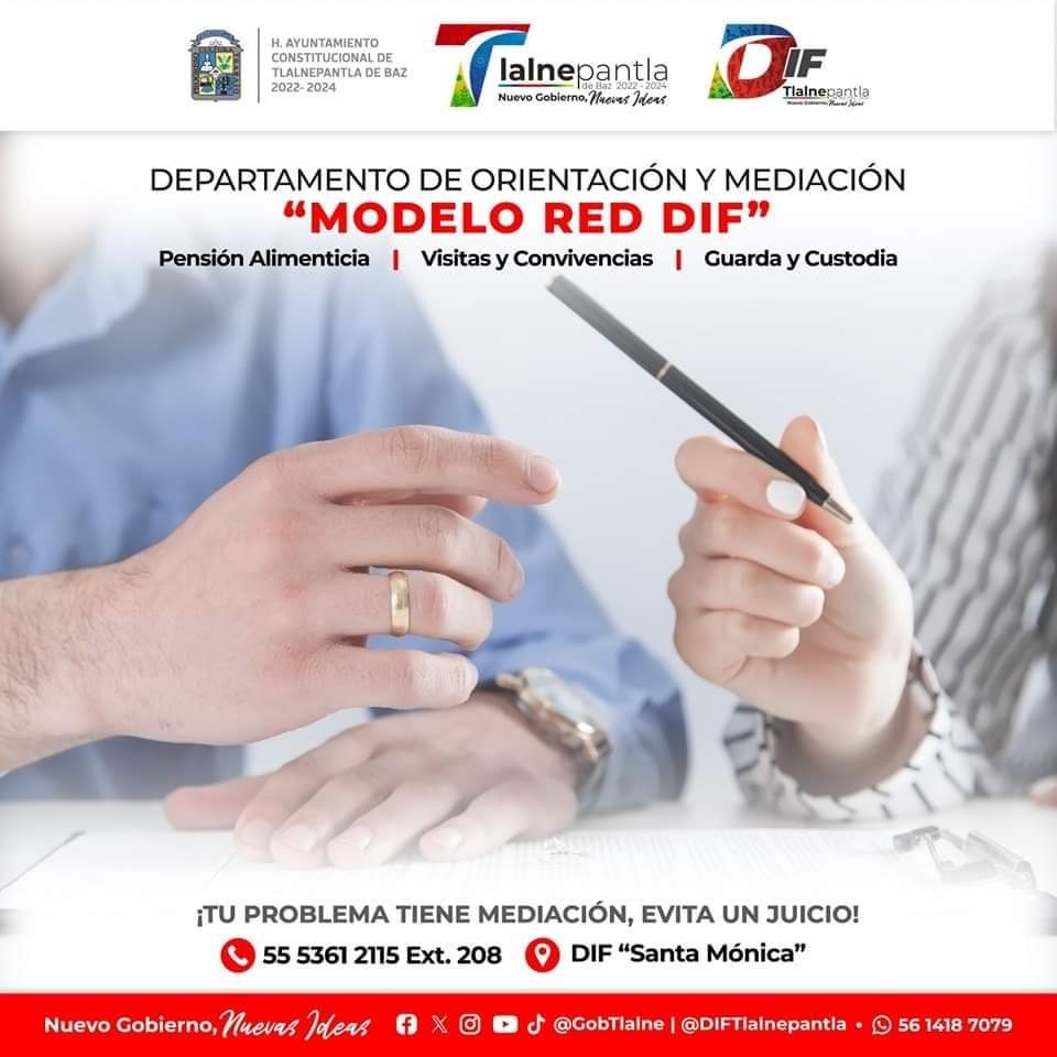 En "Modelo #RedDIF" ofrecemos apoyo y soluciones a conflictos mediante métodos conciliatorios pacíficos y sin tener que recurrir a procedimientos judiciales. 

☎️ 55 5361 2115 ext. 208
📆 Lunes a viernes, 9:00 a 18:00 horas
📍 Convento de Santa Mónica S/N