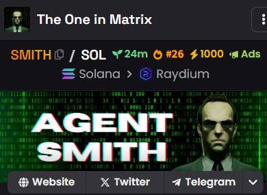 SmithSOLX's tweet photo. Dexscreener   #26 Agent Smith $SMITH https://t.co/bVDyNFfKGe