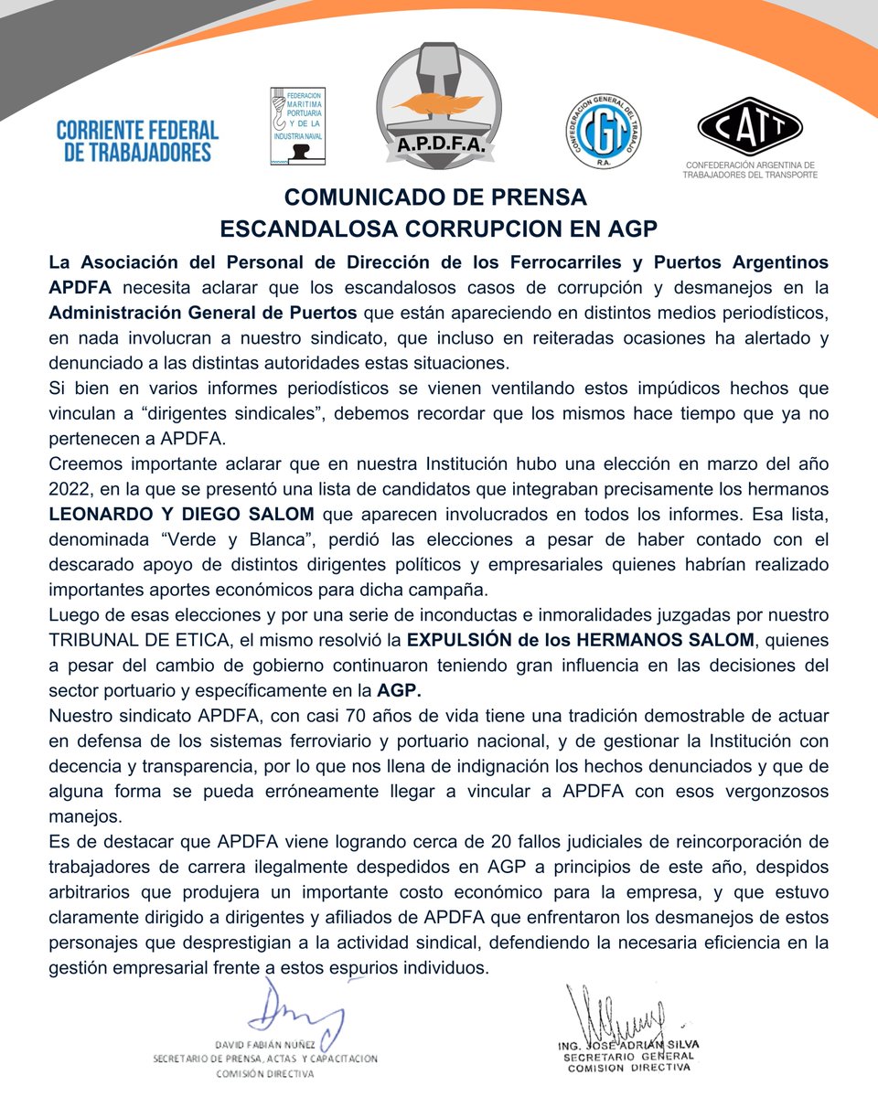 CIRCULAR
ESCANDALOSA CORRUPCION EN AGP
La Asociación del Personal de Dirección de los Ferrocarriles y Puertos Argentinos APDFA necesita aclarar que los escandalosos casos de corrupción y desmanejos en la Administración General de Puertos 
<a href="/ApdfaAdrian/">Silva Adrian Apdfa</a> 
<a href="/APDFApuertosOK/">APDFA Ferroportuarios</a> 
<a href="/AGPuertos/">AGP</a>