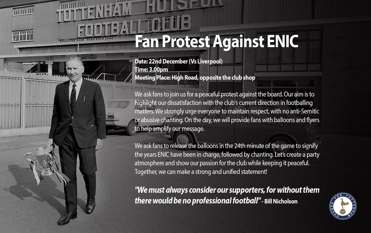 ChangeForSpurs's tweet photo. Final details ahead of the protest Sunday,

We fully understand protesting may not be for everyone, we aim to keep this completely respectful, even if you wish to walk past grab some of the bits we have with us please feel free

22nd December 3pm #EnoughIsEnough #EnicOut #LevyOut https://t.co/j7zzOeCFvs