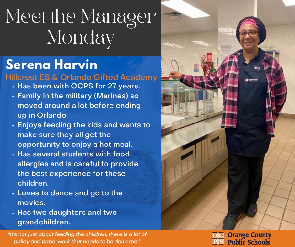 OCPS_FNS's tweet photo. Say Hello to Ms. Serena, Dual Kitchen Manager @HillcrestES and @OGAOCPS. When she isn't cooking you can find her dancing in the cafeteria! #lunchhero #meetthemanagermonday #feedingstudents https://t.co/7rqFYr9ZLn