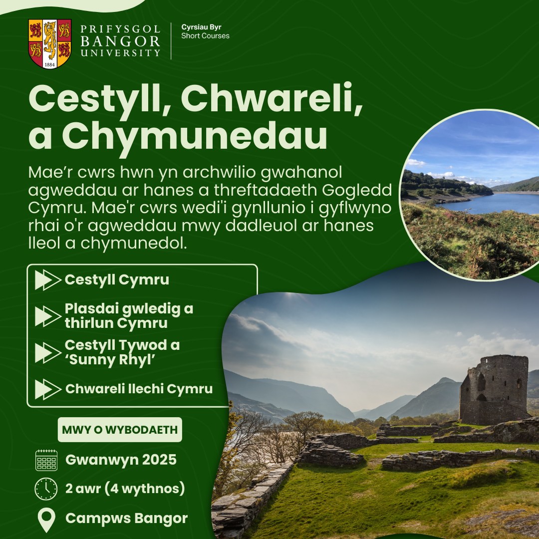 👀 Cadwch lygad am gwrs Hanes newydd yng ngwanwyn 2025!

Bydd y cwrs Cestyll, Chwareli a Chymunedau yn ymchwilio i hanes lleol a chymunedol cyfoethog Gogledd Cymru. 🏰⛏️🌿

Cadwch lygad am fwy o fanylion!
