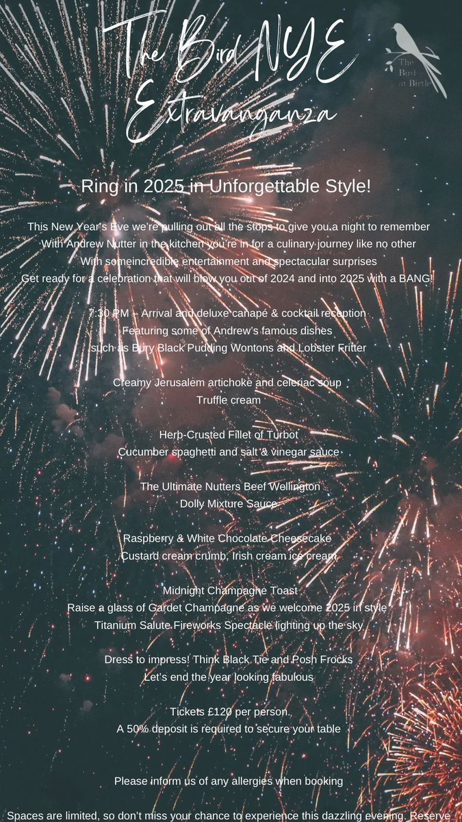 nutsfood's tweet photo. A culinary adventure awaits 
#Newyearseve EXTRAVAGANZA
@TheBirdatBirtle 💥😎💥
Reservations 01706 540500 
Lines open tmr 11am https://t.co/Rdvi4uRlWY