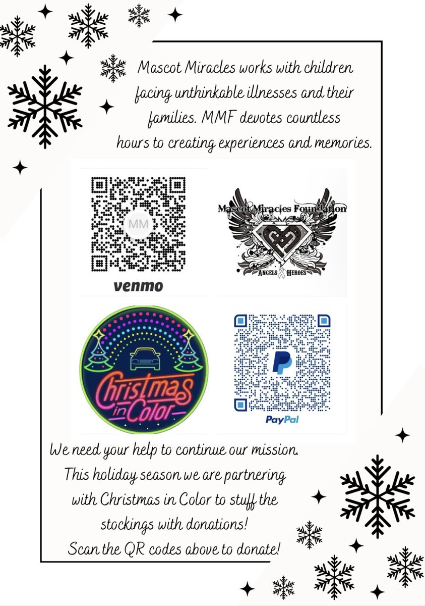 MascotMiracles's tweet photo. Today’s the day! Join MMF Volunteers, Mascots, Santa, Grinch and Jack Frost to stuff the stockings with donations! 🫶🏼🎄 

They will be at Christmas in Color from 6pm-8pm or you can donate from home by scanning the QR codes below. 

#nevertobeforgotten❤️ #noonefightsalone https://t.co/ATFz9meTnL