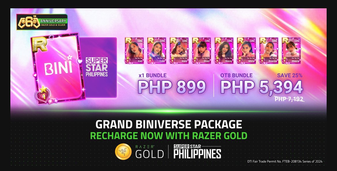 superstar_ph's tweet photo. 🎶 PH Exclusive: Last chance Score Bonus BINI Photocards with Razer Gold! 🎶

Recharge your Superstar Philippines account this Dec 16-31, 2024, and claim exclusive BINI Na Na Na photocards:
✨ 1 random photocard with the PHP 899 BINI Grand BINIverse Package.
✨ Full OT8 photocard set with the PHP 5,394 bundle.

🛍️ Top-up with Razer Gold Wallet, submit your receipt, and wait for your photocards starting Jan 15, 2025!

📲 Purchase Link: https://t.co/By1ZtIJqId

Submit shipment info After Purchase: https://t.co/KJJ4q9UC8Z

#Superstar_Philippines #SuperstarPH #SSPH #BINI #BINI_nanana #Blooms #BINI_photocards #RazerGold