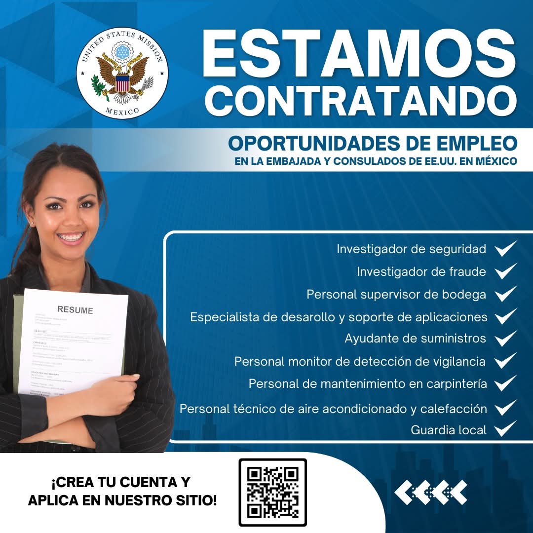 TenChiapas's tweet photo. ¡Vacantes de esta semana!
Trabaja en la Embajada o en los Consulados de los Estados Unidos en México. ¡Crea tu cuenta y postúlate en el sitio! https://t.co/WlCQ0hJuU2
@USEmbassyMEX https://t.co/Nr6fbSePfO