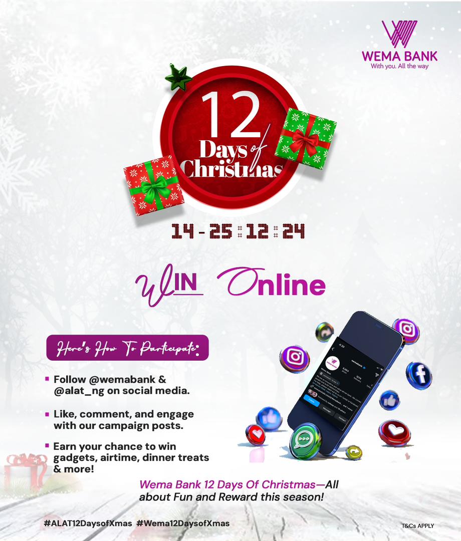 VNwalieoba's tweet photo. Win online with @wemabank
Dinner treats, gadgets, and lots more by simply engaging and following @wemabank and @alat_ng
Check the attached photo below to be part of this amazing opportunity.
#Alat12daysofXmas
#Wema12daysofXmas https://t.co/8bwZ8MKQBT