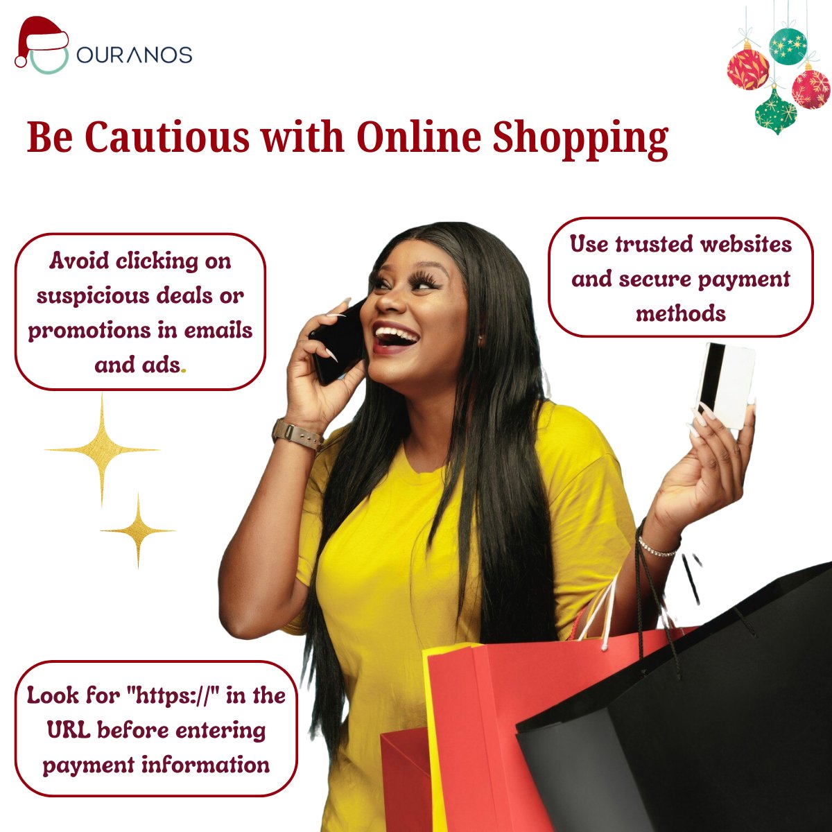 Ouranos_tech's tweet photo. 🎁 Shop Smart, Stay Safe! 🛍️✨

The holiday season is all about gifts and joy, but don’t let cyber scammers sneak onto your nice list! 🎄

Because a happy wallet = a happy holiday!
#HolidayShopping #CyberSafe #FestiveSeason #OnlineShoppingTips #StayProtected https://t.co/wYqaEexRmh