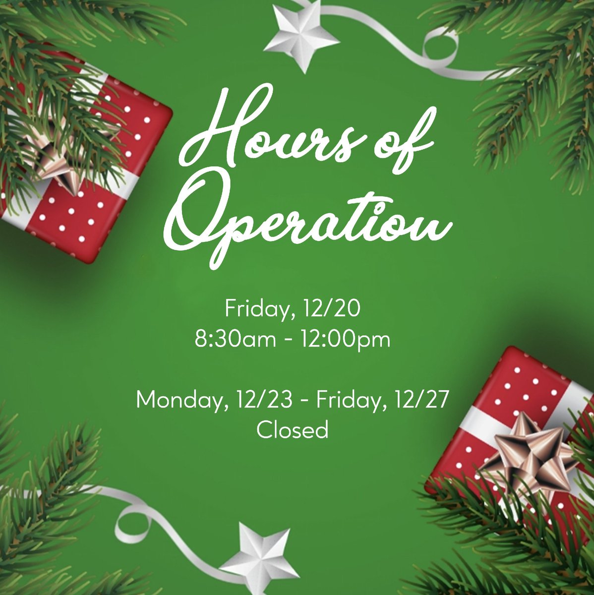 ForestrySysInc's tweet photo. Happy Holidays from Forestry Systems! Please see below for our holiday hours of operation, as well as contact information if you need assistance during the holiday week! https://t.co/NDqsMsFPzc