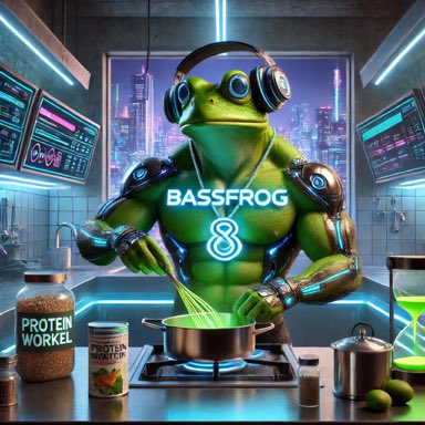 Bassfrog_sol's tweet photo. Post-gym grind doesn’t stop in the gym. 

Bassfrog mixing up fuel with his iconic ‘BASSFROG’ glow lighting the way. 

Nutrition meets neon in the kitchen of gains. 🐸⚡🍳

Send over top plays, time to work!

 #BASSFROG #FuelUp #CyberpunkHustle #solana https://t.co/AEYSFSqYnc