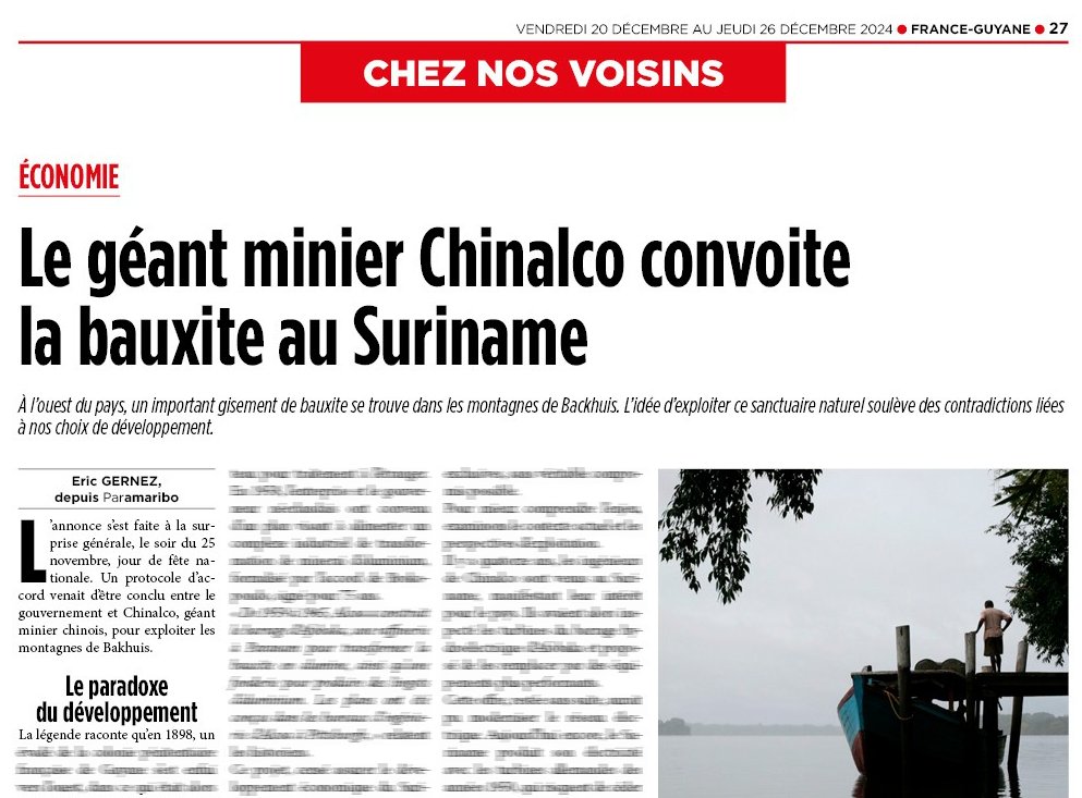 eric_gernez's tweet photo. #Chinalco convoite un gisement de bauxite important dans les montagnes de Backhuis au #Suriname.
L’idée d’une exploitation minière dans ce sanctuaire naturel nous met face à nos contradictions de développement.
@franceguyane édition papier et électronique du Vendredi 20 décembre. https://t.co/K2Eaee2cpa