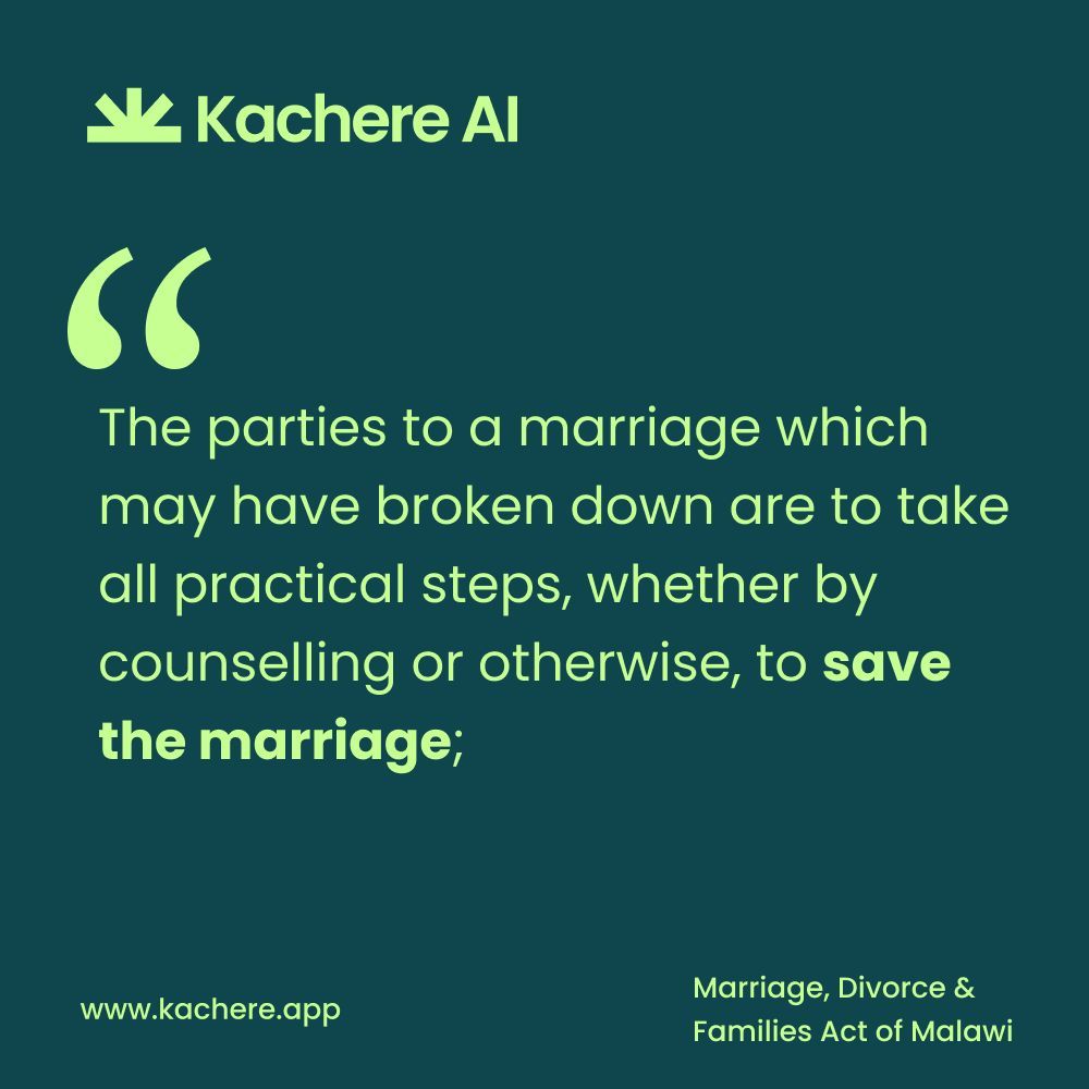 KachereAI's tweet photo. According to Malawi's marriages laws, the parties to a marriage which may have broken down are to take all practical steps, whether by counselling or otherwise, to save the marriage; 

#Malawi #Law #KachereAI https://t.co/CDqwRkXt0k
