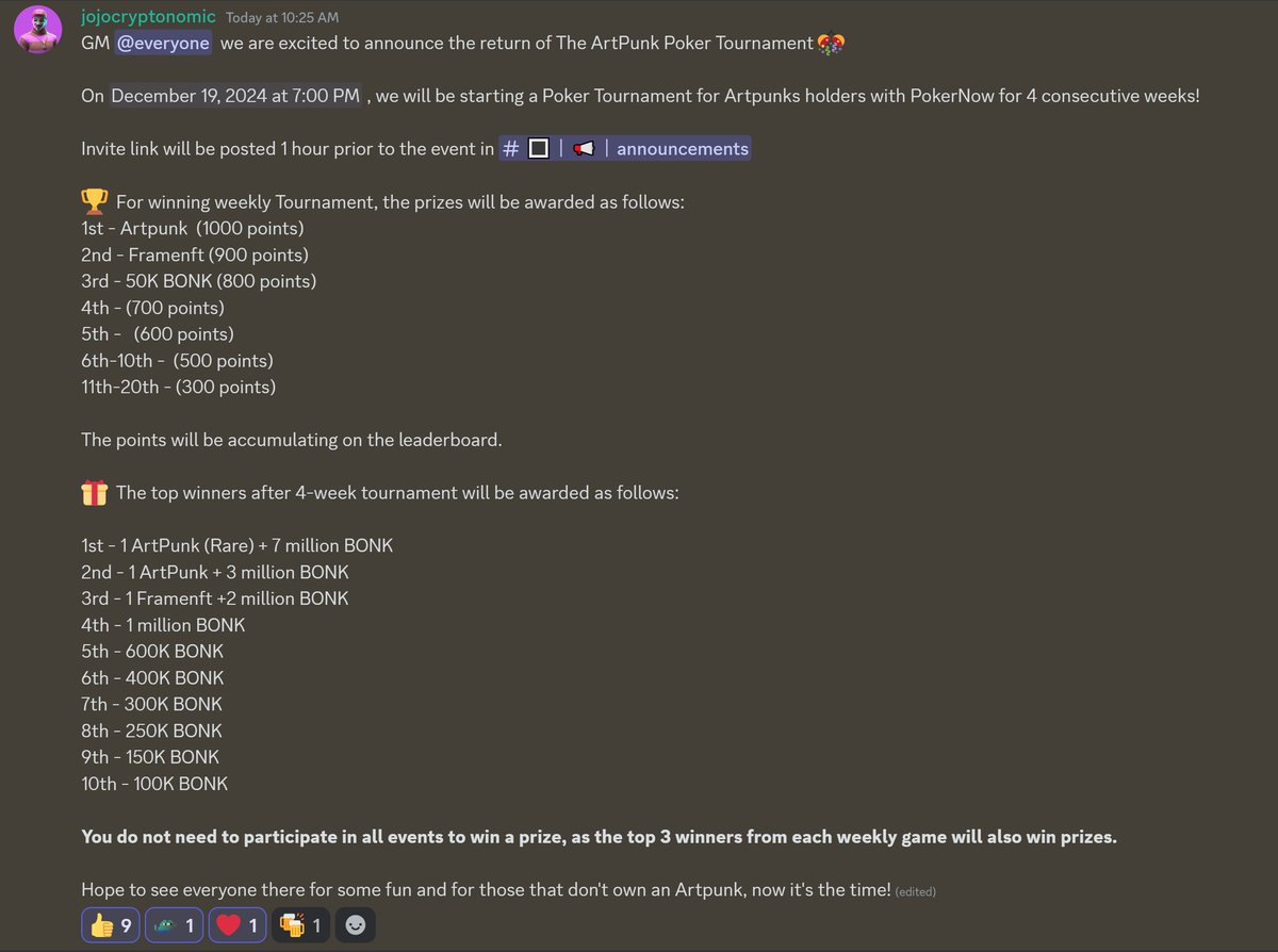 ArtPunksNFT (@artpunksnft) on Twitter photo Poker Tournament!
4 game series for ArtPunks, Exiled Apes, and Degen Trash Panda holders!
Win a share of 15M BONK and NFTs!
<a href="/ArtPunksNFT/">ArtPunksNFT</a> <a href="/bonk_inu/">BONK!!!</a> <a href="/ExiledApes/">Exiled Apes</a> <a href="/XaltDao/">XALT DAO</a> Poker Tournament!
4 game series for ArtPunks, Exiled Apes, and Degen Trash Panda holders!
Win a share of 15M BONK and NFTs!
<a href="/ArtPunksNFT/">ArtPunksNFT</a> <a href="/bonk_inu/">BONK!!!</a> <a href="/ExiledApes/">Exiled Apes</a> <a href="/XaltDao/">XALT DAO</a>