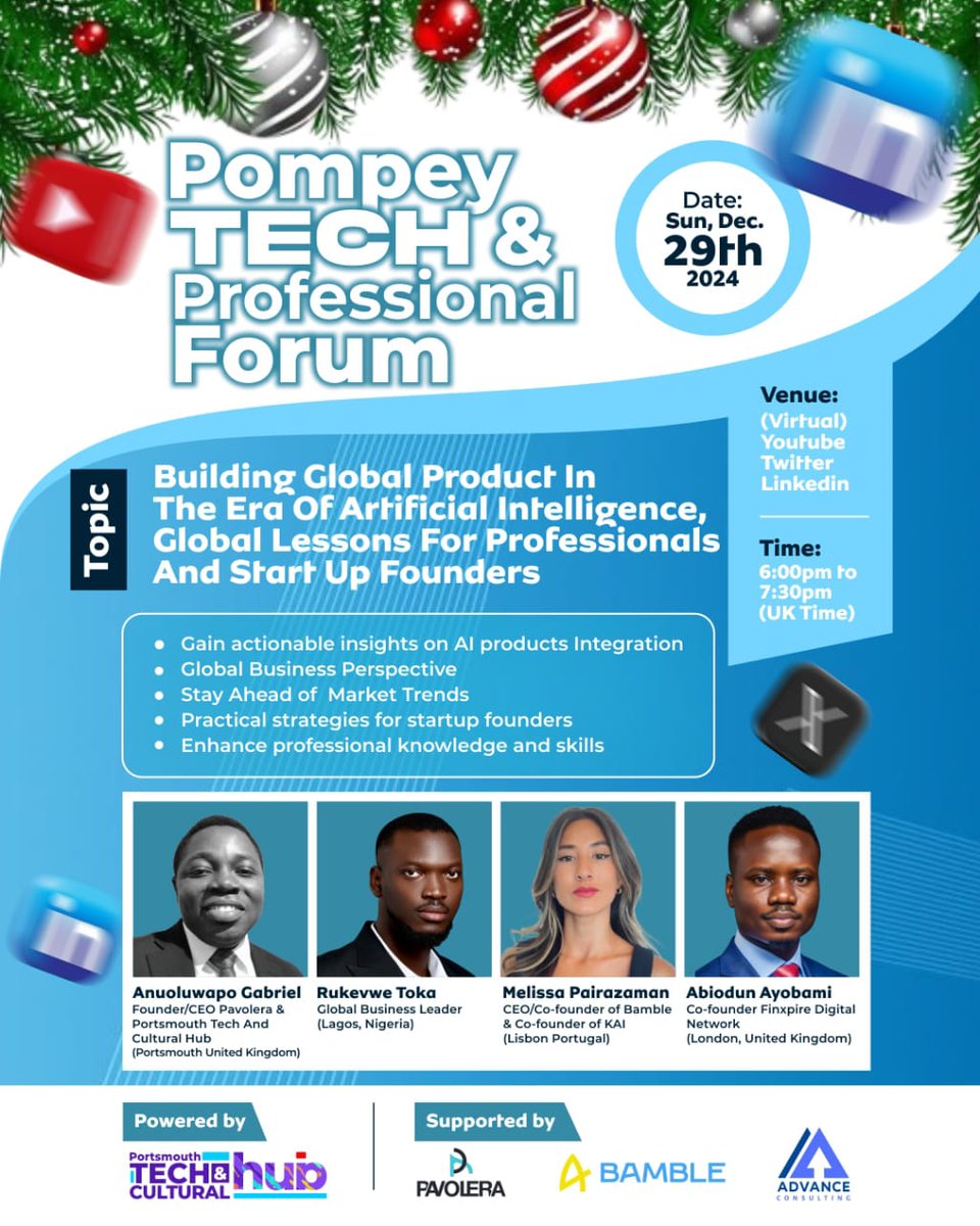 Portsmouth Tech and Cultural Hub (@portsmouthtech) on Twitter photo Join <a href="/ManLikeToka/">Rukevwe Toka, MBA</a> <a href="/abiodunayobami_/">Maxibrainz</a> and ceo of <a href="/bamble_io/">Bamble</a> Melissa Pairazaman and our amiable ceo and founder <a href="/gabs_jeb/">Anuoluwapo Gabriel/Pavolera (Patecs)</a> for the Pompey Tech and Professional Forum on the 29th of December 2024. Registration is on at lu.ma/ngq24byp. This event is free to attend. Join <a href="/ManLikeToka/">Rukevwe Toka, MBA</a> <a href="/abiodunayobami_/">Maxibrainz</a> and ceo of <a href="/bamble_io/">Bamble</a> Melissa Pairazaman and our amiable ceo and founder <a href="/gabs_jeb/">Anuoluwapo Gabriel/Pavolera (Patecs)</a> for the Pompey Tech and Professional Forum on the 29th of December 2024. Registration is on at lu.ma/ngq24byp. This event is free to attend.