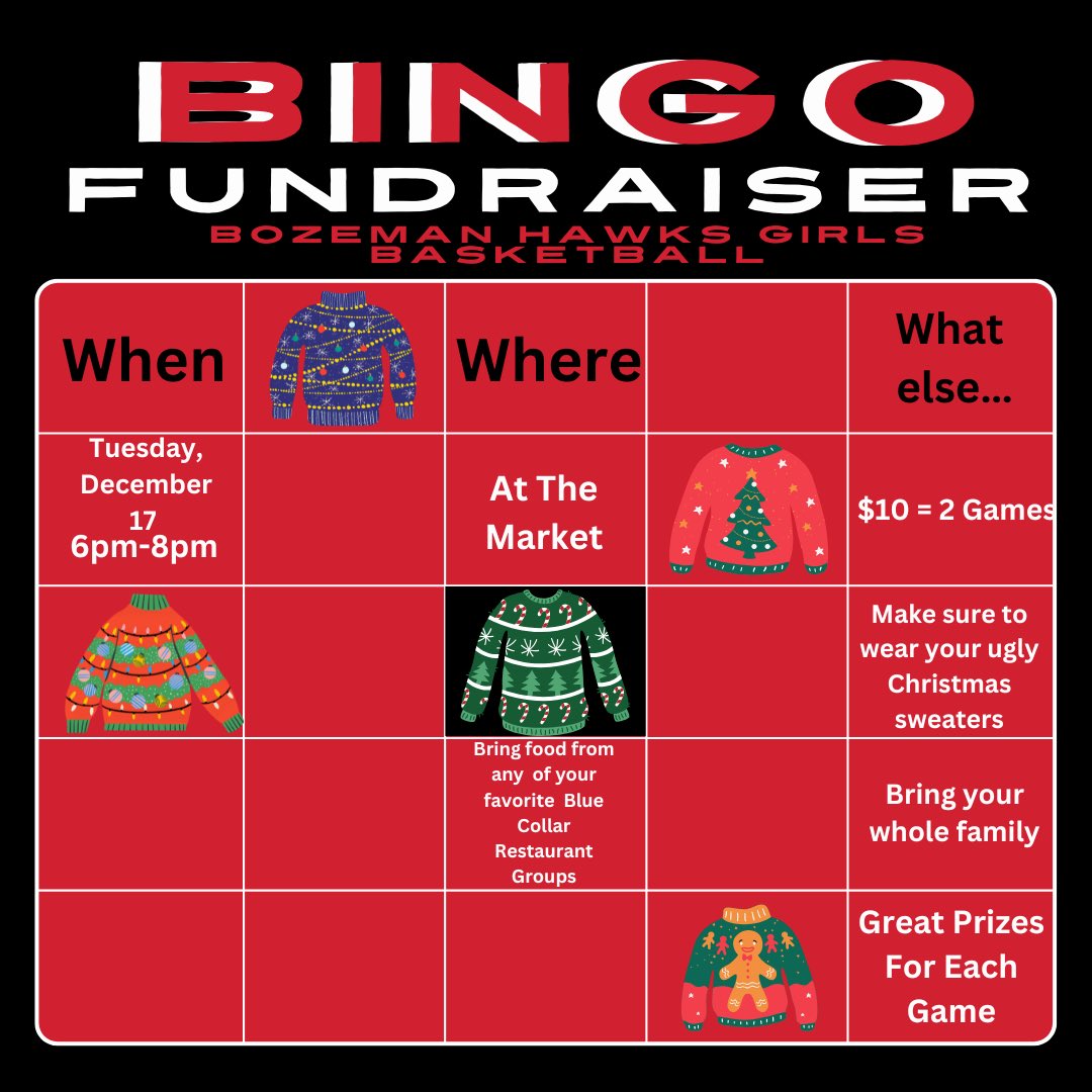 Come out tomorrow night to support our girls basketball program. Order some delicious food from Sidewinders, Liberty Burger, Tanglewood spend time with family friends, play a little bingo, and win some awesome prizes.