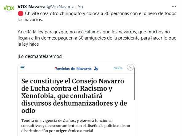 Las personas que participan en este Consejo no cobran absolutamente nada. 

Pero la extrema derecha ya ha esparcido su basura. Y mucha gente creerá q es cierto. Y no pasa nada. 

A ver si va a resultar q sí q hace falta un Consejo q  combata discursos deshumanizadores y de odio.