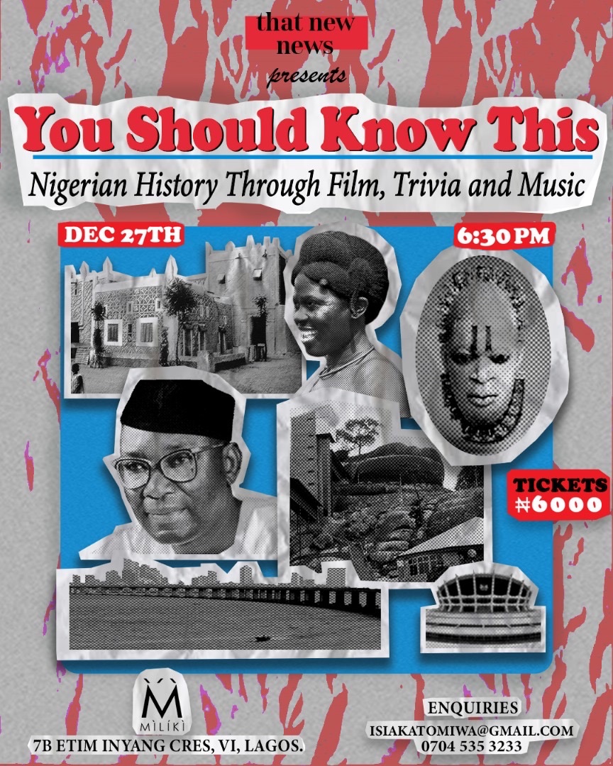 Don't miss it!!!

If you're a lagosian or would be in Lagos on December 27th, join us at Miliki, in VI for an unforgettable art experience.

We'll also be screening a short historical documentary, trivia &amp; old school Nigerian music. Grab a ticket here👇
 shorturl.at/XmRNB