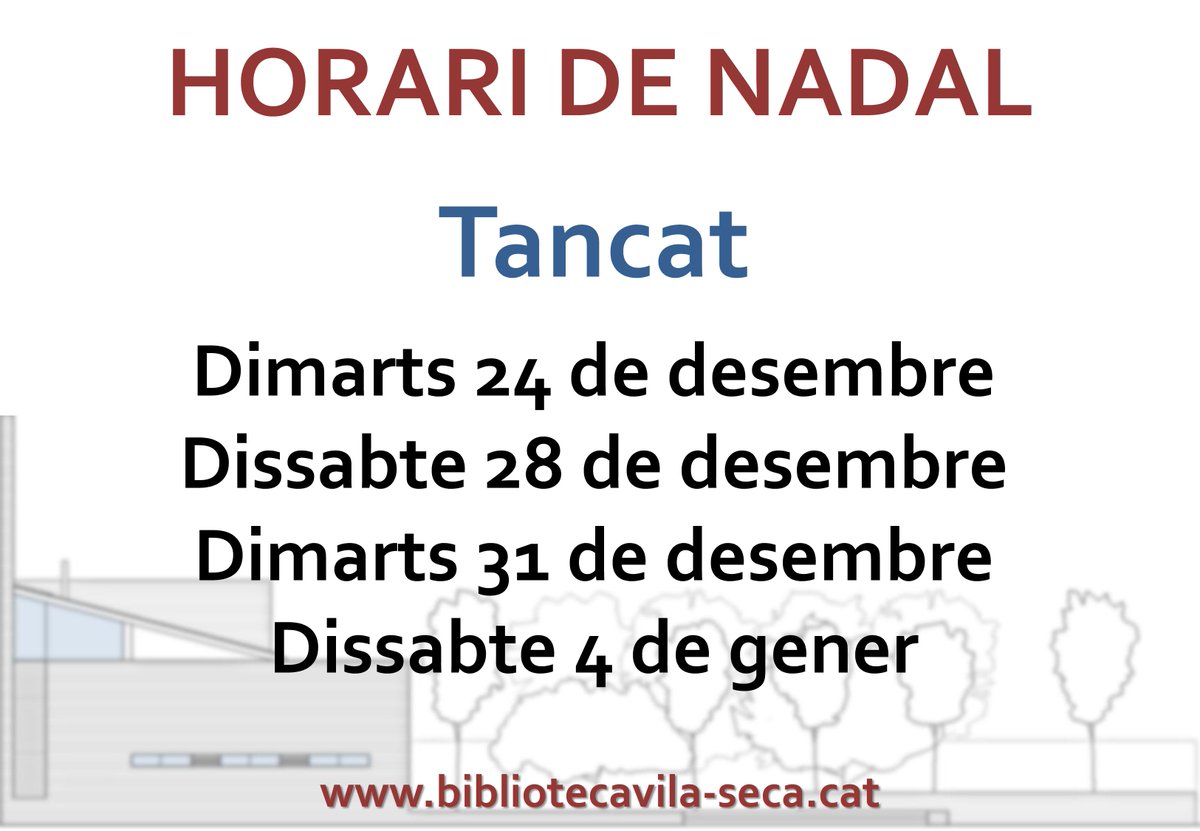 Durant les festes de Nadal la Biblioteca estarà tancada els següents dies:
