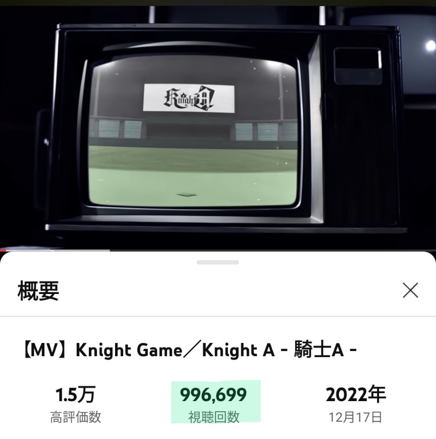 n5ehhnInlt6DV9n's tweet image. ＃KnightＡ
＃騎士A
＃KnightGame
KnightGame、もうすぐ１００万回再生だー(⁠ﾉ⁠◕⁠ヮ⁠◕⁠)⁠ﾉ⁠*⁠.⁠✧