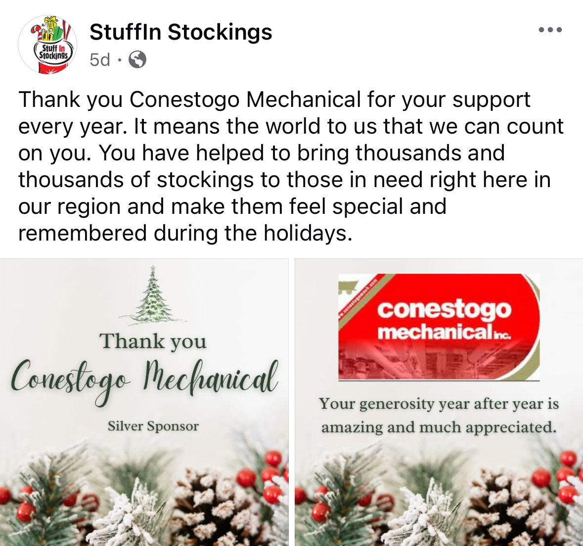 ConestogoMech's tweet photo. We are happy to support the charitable work that StuffIn Stockings does for our community members in need each year. https://t.co/jk6iZ8ky8i https://t.co/NRASdUiuRh