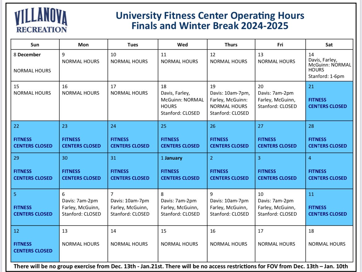 Finals and Winter Break Fitness Center Hours - good luck on finals!