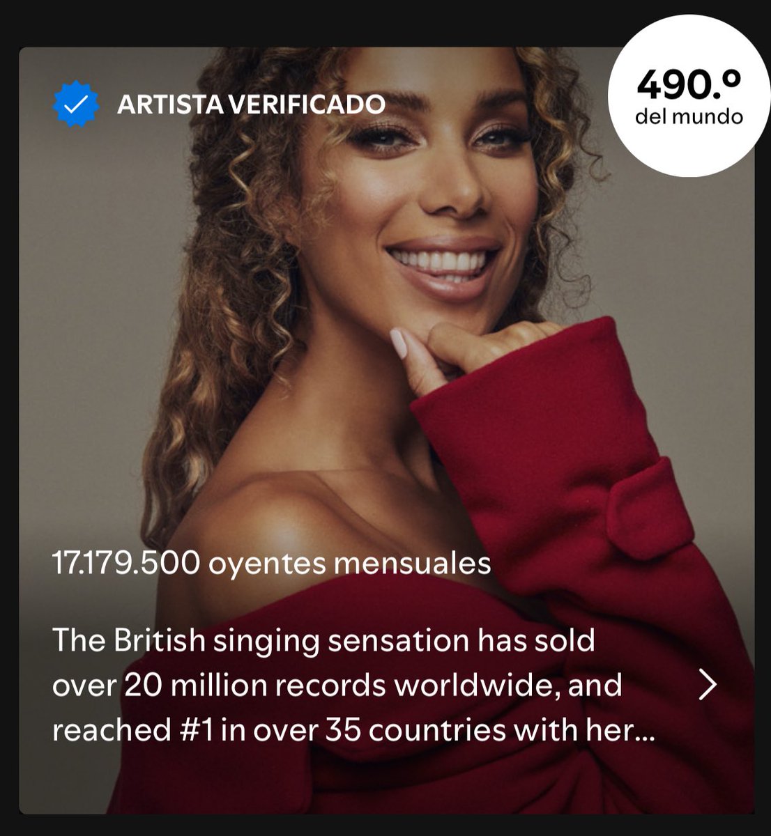 LeonaLewisES's tweet photo. 🔝➖Un año más, Leona regresa al TOP500 de los artistas más escuchados en Spotify (#490 actualmente), con más de 17,1 millones de oyentes mensuales 👏🏼

Peak: +21,8 millones (2023) 📈 

@leonalewis https://t.co/yO0fPjHeC5