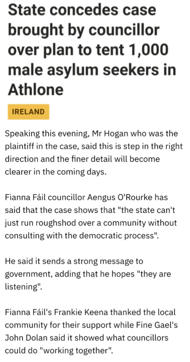🚨BREAKING🚨

The government has conceded a High Court case brought by Athlone politicians to stop a migrant plantation of 1,000 men from being forced into the area.

This is big. 

Well done to everyone in Athlone 👏