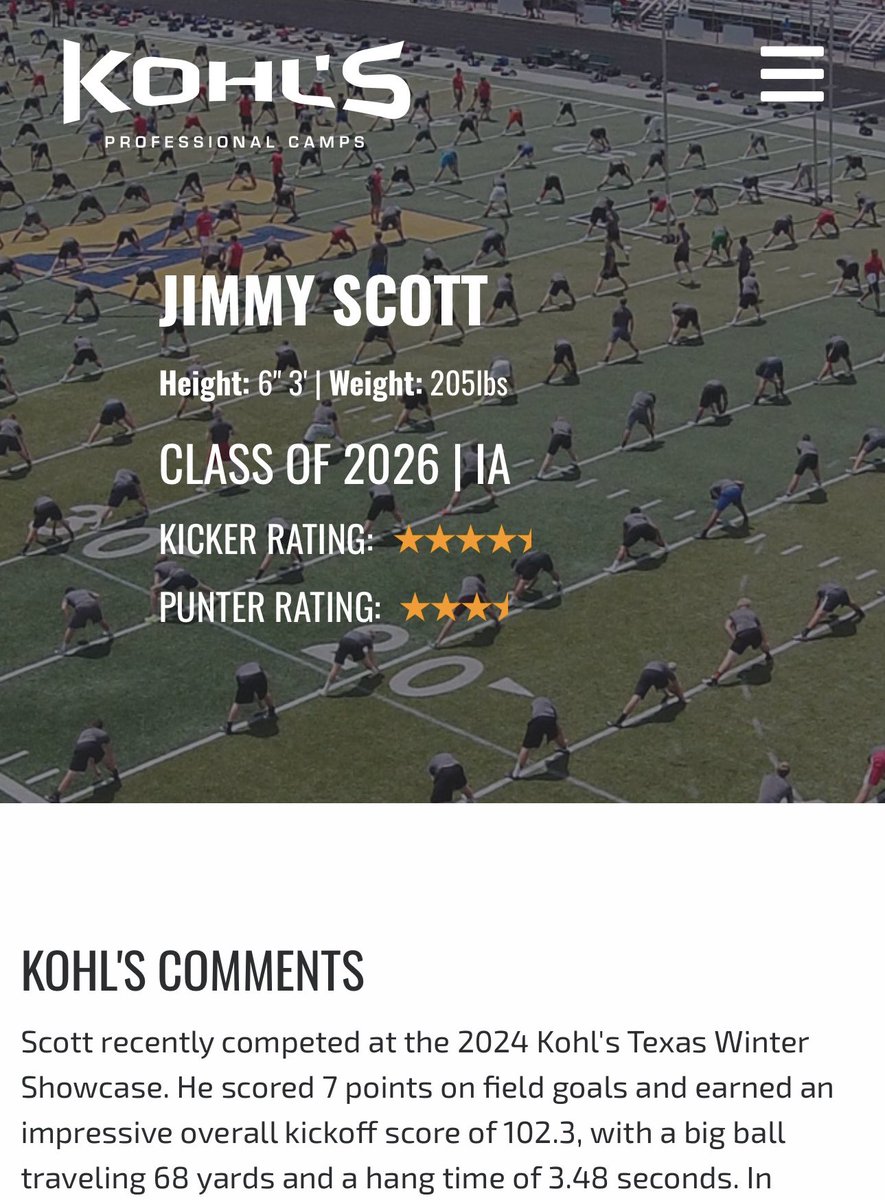 jimmy scott (@jimmyscott016) on Twitter photo Blessed to be recognized as a 4.5 ⭐️ Kicker and a 3.5 ⭐️ punter by <a href="/KohlsKicking/">Kohl's Kicking Camps</a> <a href="/JessJBond/">Jess Bond</a> <a href="/lc_ftbll/">LC Football</a> <a href="/JustinKammrad/">Justin Kammrad</a> <a href="/teamnettles4/">Bill Nettles</a> Blessed to be recognized as a 4.5 ⭐️ Kicker and a 3.5 ⭐️ punter by <a href="/KohlsKicking/">Kohl's Kicking Camps</a> <a href="/JessJBond/">Jess Bond</a> <a href="/lc_ftbll/">LC Football</a> <a href="/JustinKammrad/">Justin Kammrad</a> <a href="/teamnettles4/">Bill Nettles</a>