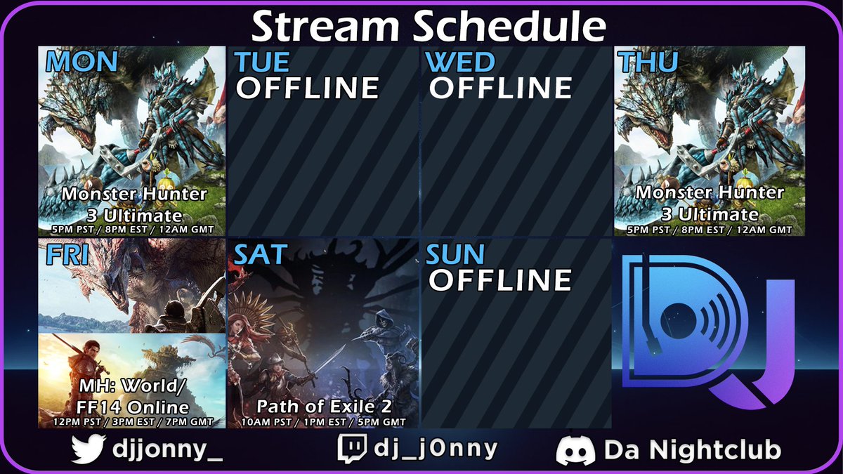 WEEKLY SCHEDULE!
Doing some more Monster Hunter this week! We'll be playing through some MH3U as well as some Open Lobby in World later in the week with a dash of FF14. We'll also be continuing our playthrough in PoE2 with our bone army. Catch y'all later!