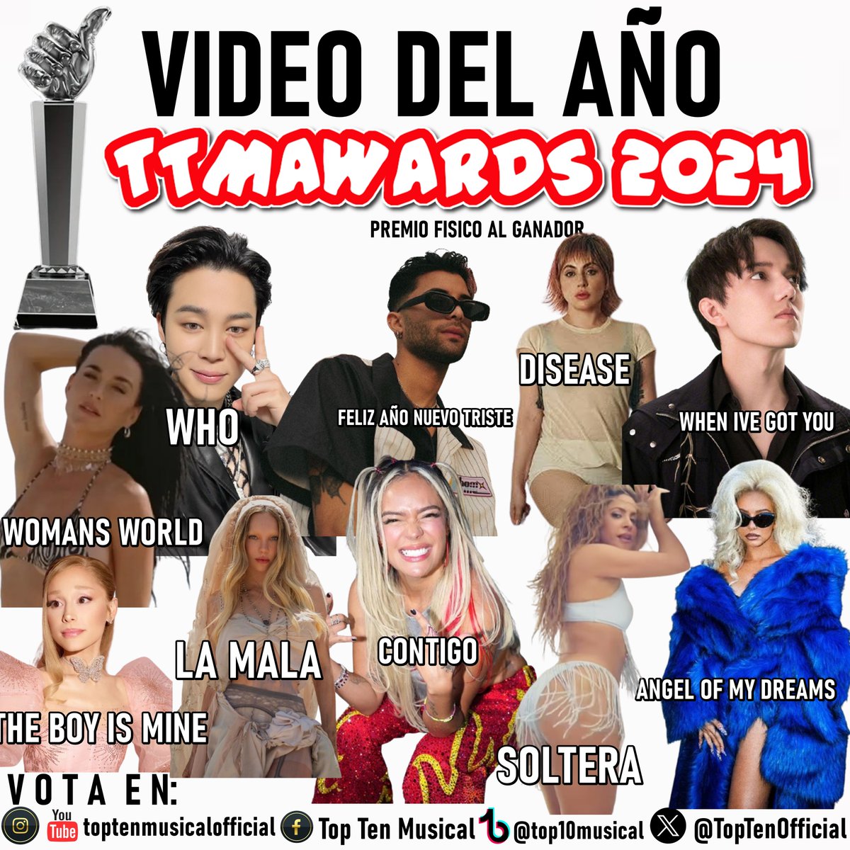 TopTenOfficial's tweet photo. 🚨  TTMAWARDS 2024 🚨

#VideoDelAño 
 
  katy perry  
  jimin  
  erick brian  
  dimash  
  lady gaga  
  ariana grande  
  belinda  
  karol g  
  shakira  
  jade  

VOTA con el HT #TTMAwards2024

1 tweet = 1 voto
https://t.co/1WiYTmhyN5 https://t.co/Lt77gd7XRv