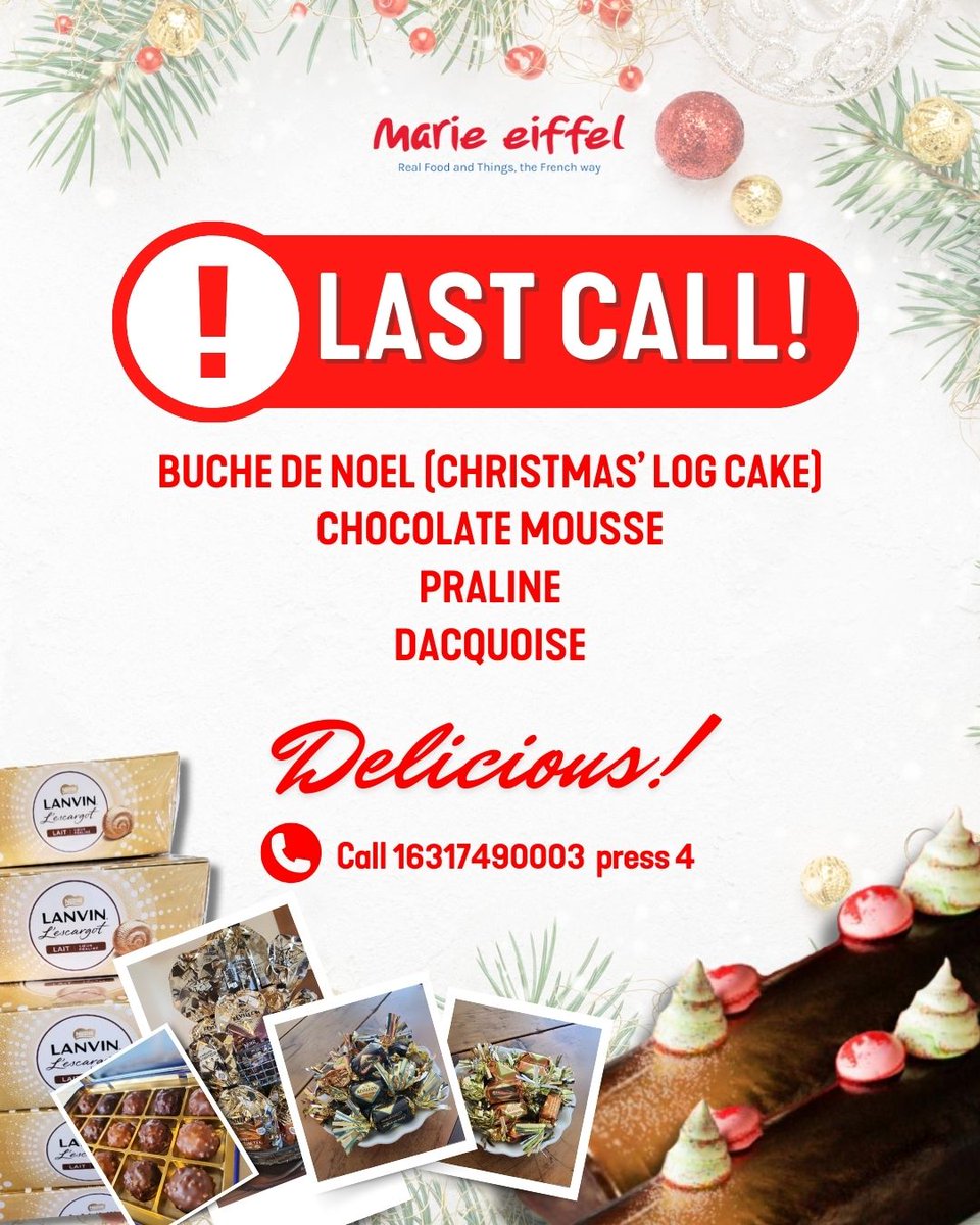 marieeiffel's tweet image. Last call for all your holiday treats! 🎄
From our decadent Bûche de Noël to chocolate mousse, praline, and dacquoise, it’s your chance to savor these festive delights. 🍫✨
Reserve yours today!
#MarieEiffel #HolidayDesserts #BucheDeNoel #ChocolateLovers #ShelterIsland