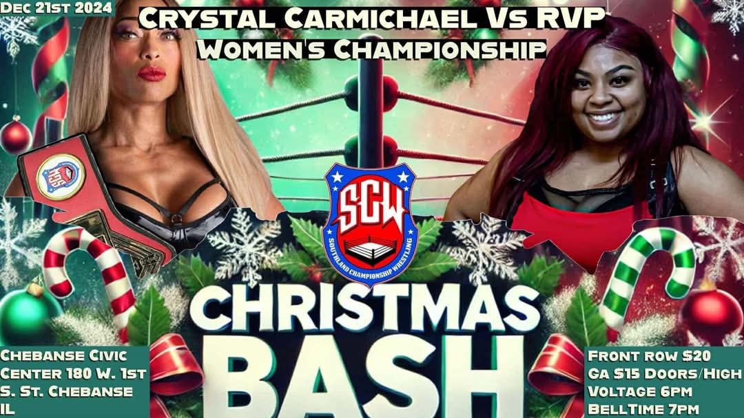 urban_heiress's tweet image. This Saturday Dec 21st in Chebanse IL, Southland Championship Wrestling presents #ChristmasBash live #prowrestling!
Come see some Crystal "the Diva" Carmichael as I defend my SCW women's championship against RVP, and some fellow wrestlers from the old Windy City! Last show of 24!
