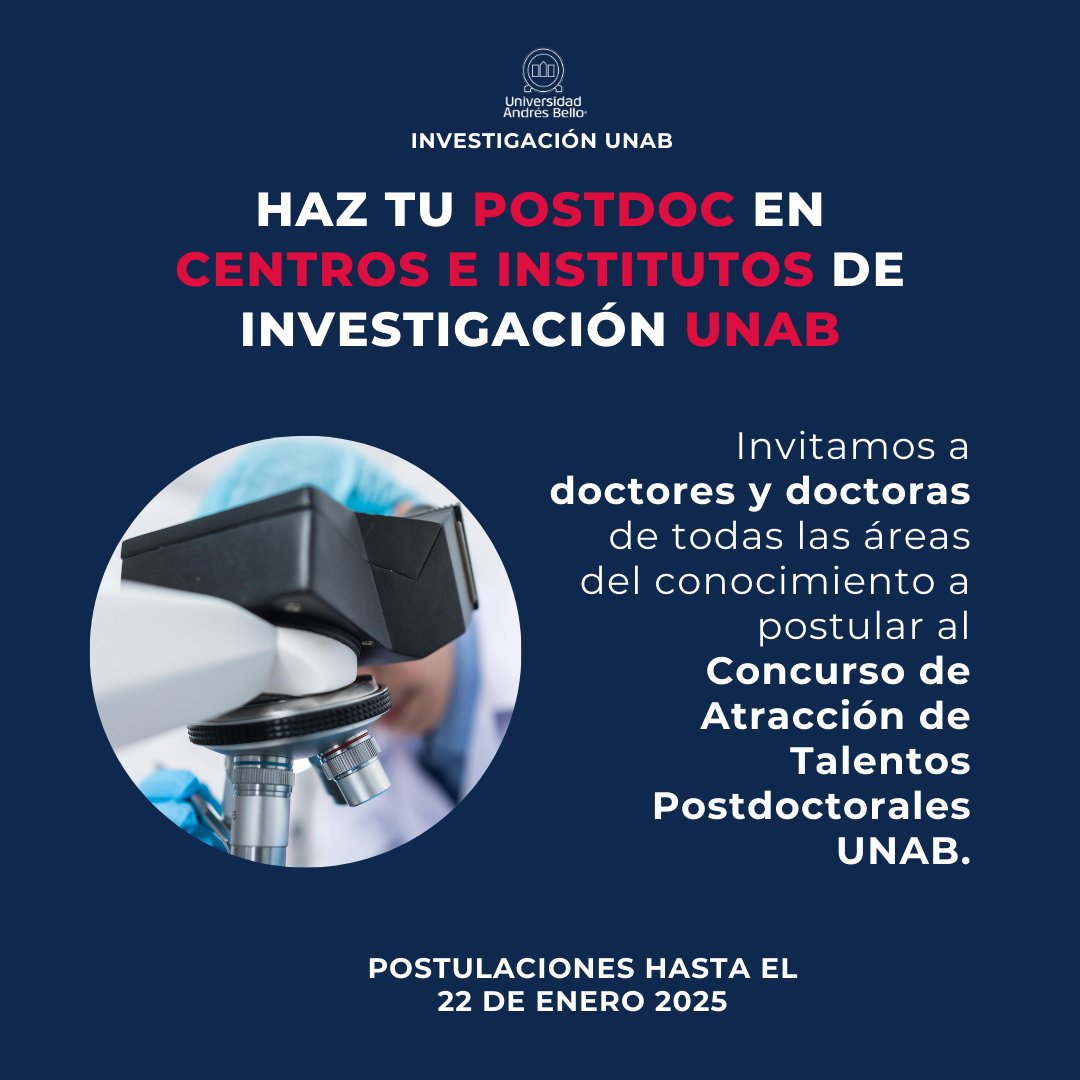 Vrid_Unab's tweet image. Haz tu Postdoc en los Centros e Institutos de Investigación UNAB. Invitamos a doctores y doctoras a postular al Concurso de Atracción de Talentos Postdoc UNAB 2025. Encuentra las bases aquí: tinyurl.com/3p5wkkz6 Cierre: 22 enero 2025 #SomosUNAB