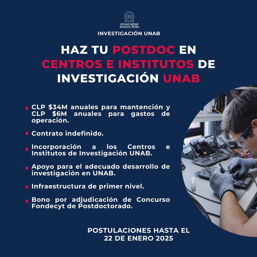 Vrid_Unab's tweet image. Haz tu Postdoc en los Centros e Institutos de Investigación UNAB. Invitamos a doctores y doctoras a postular al Concurso de Atracción de Talentos Postdoc UNAB 2025. Encuentra las bases aquí: tinyurl.com/3p5wkkz6 Cierre: 22 enero 2025 #SomosUNAB