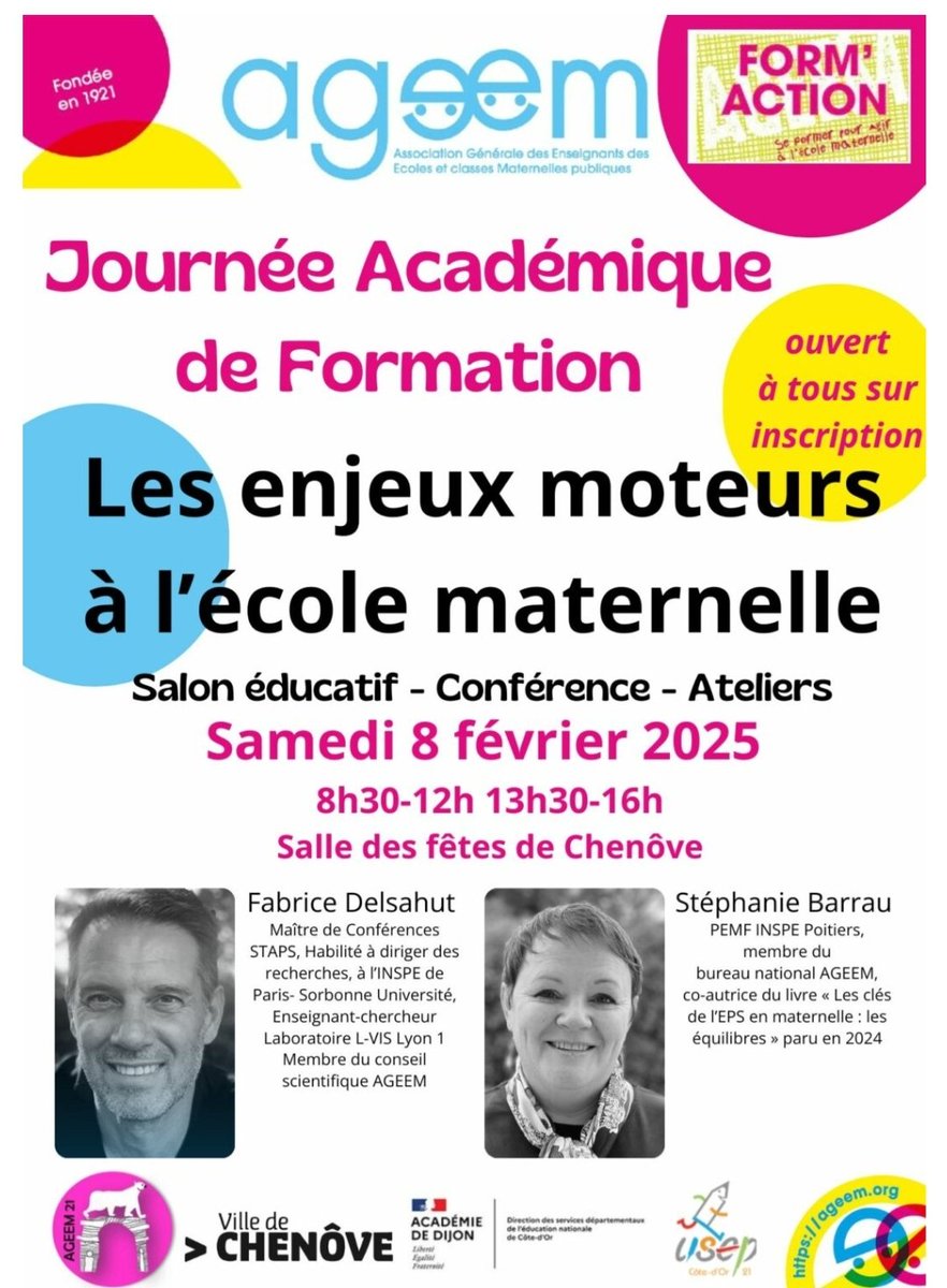 Journée académique de formation le samedi 8 février à Chenôve proposée à tous les enseignants d'école maternelle. #motricite #maternelle Derniers jours pour s'inscrire à la journée complète avec ateliers <a href="/AGEEM_National/">AGEEM National</a>