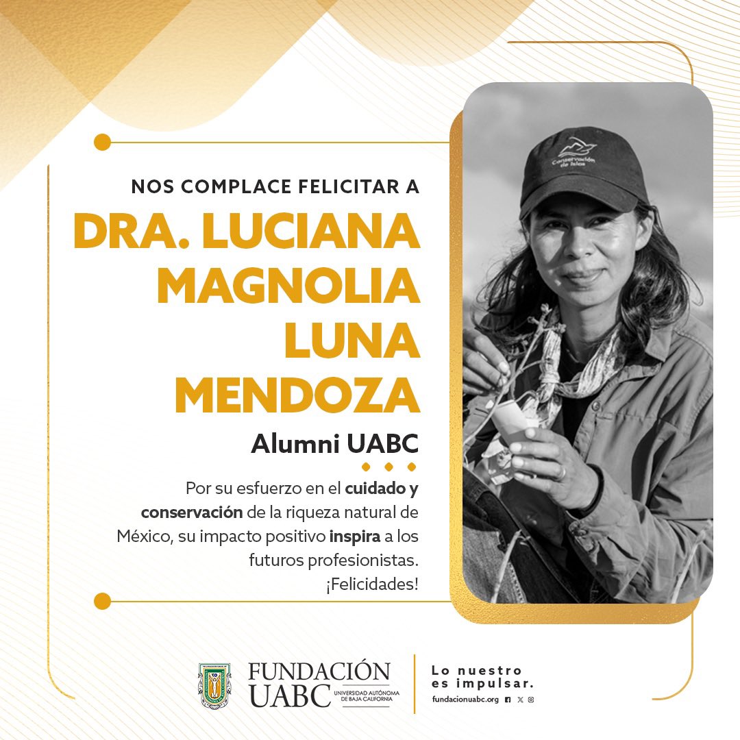Nos complace felicitar a la Dra. Luciana Luna, egresada de la Lic. en Biología, quien recibió por parte de SEMARNAT y de CONANP el Reconocimiento a la Conservación de la Naturaleza 2024, en la Categoría Individual.
#FundaciónUABC #OrgulloUABC #conservaciondeislas #alumniUABC📚 🌟